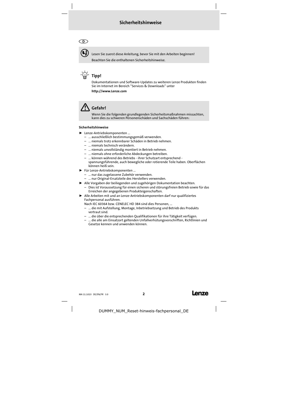 Sicherheitshinweise | Lenze 11.218 Variable speed pulleys User Manual | Page 2 / 26
