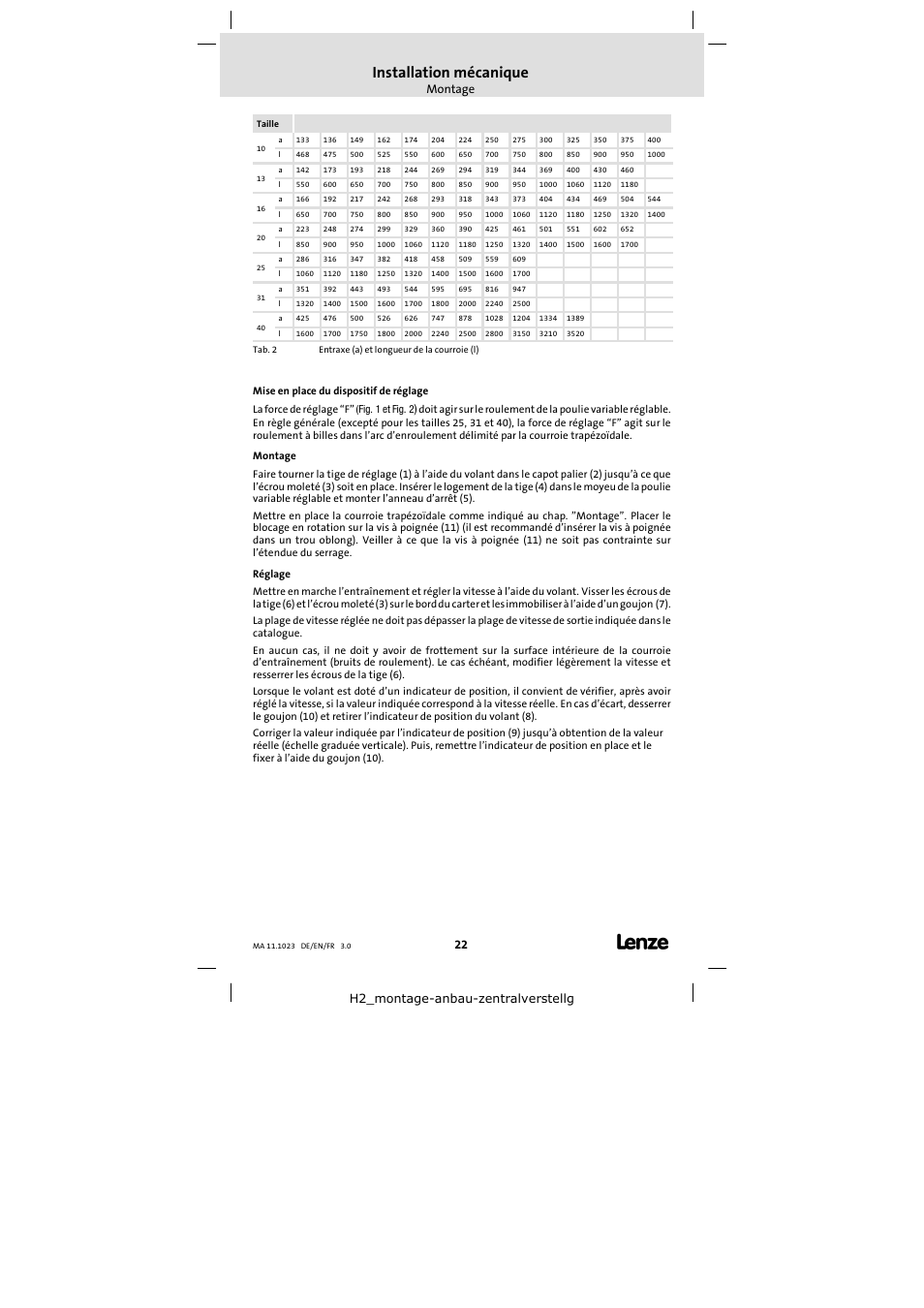 Installation mécanique | Lenze 11.218 Variable speed pulleys User Manual | Page 22 / 26