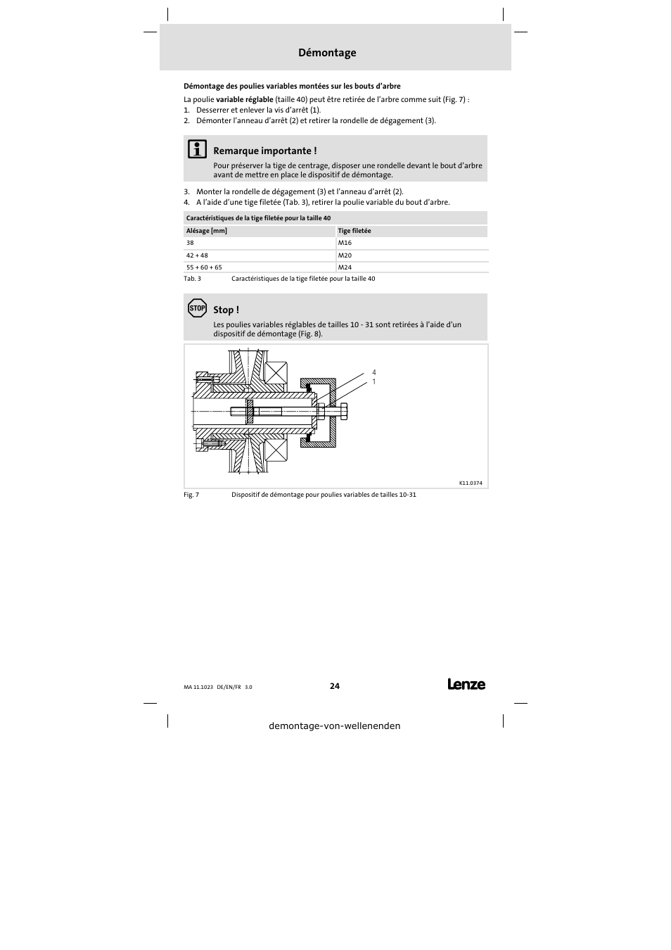 Démontage | Lenze 11.218 Variable speed pulleys User Manual | Page 24 / 26
