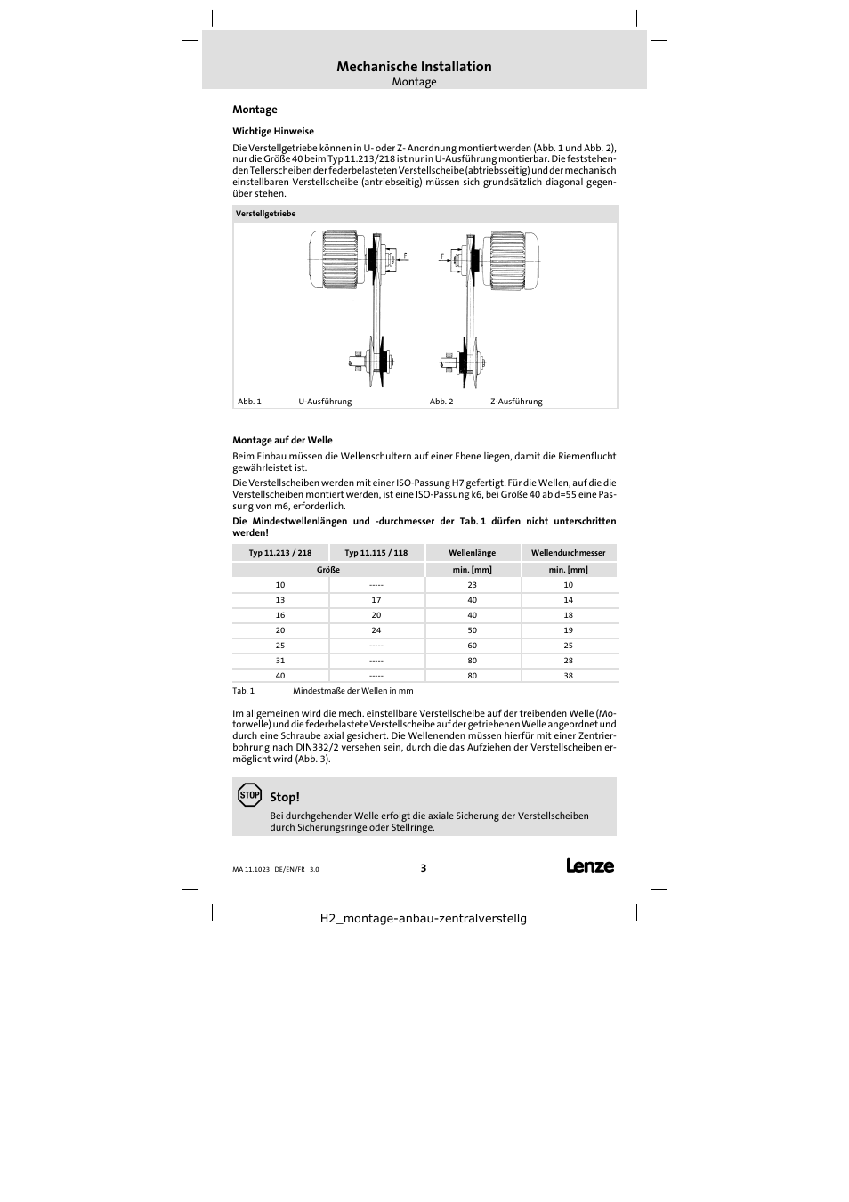 Mechanische installation, Stop | Lenze 11.218 Variable speed pulleys User Manual | Page 3 / 26