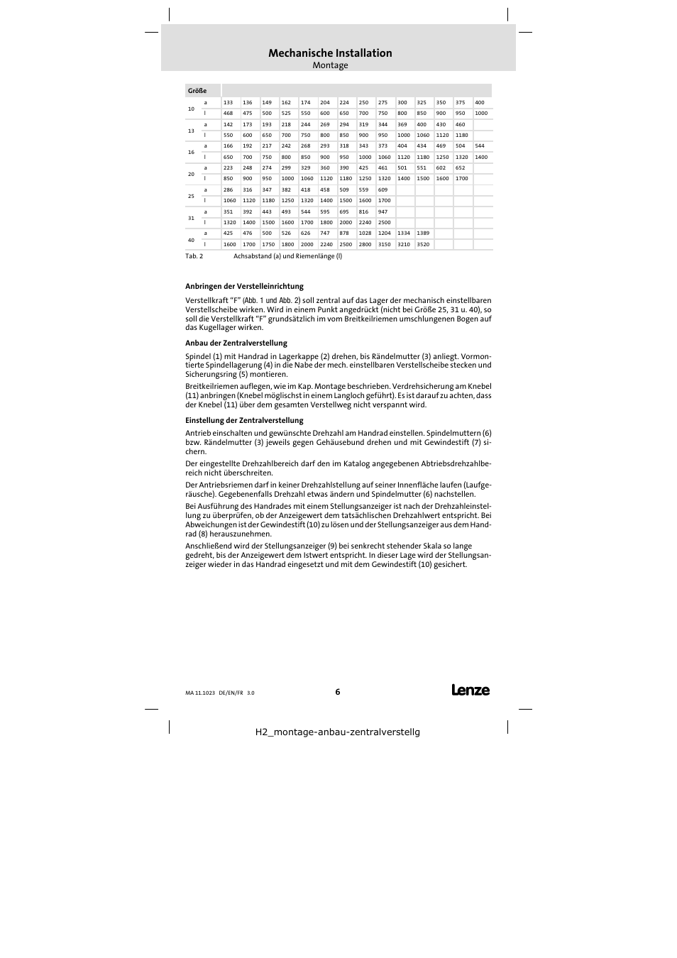 Mechanische installation, Montage, H2_montage-anbau-zentralverstellg | Lenze 11.218 Variable speed pulleys User Manual | Page 6 / 26