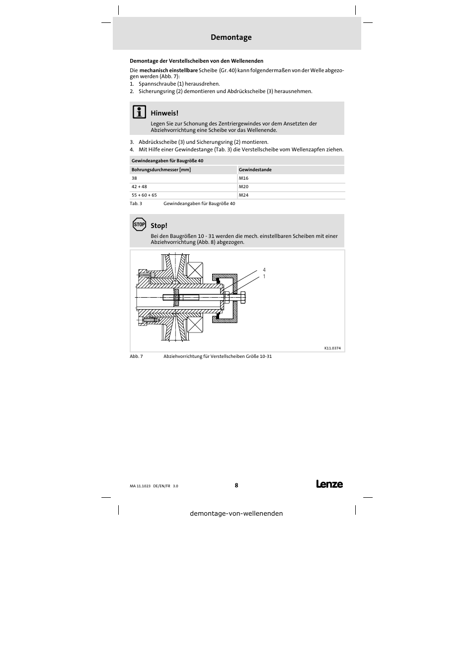 Demontage | Lenze 11.218 Variable speed pulleys User Manual | Page 8 / 26
