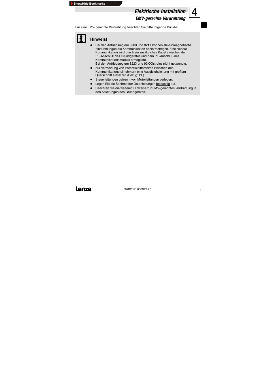 Elektrische installation, Emv-gerechte verdrahtung | Lenze EMF2141IB 2141 LON User Manual | Page 11 / 62
