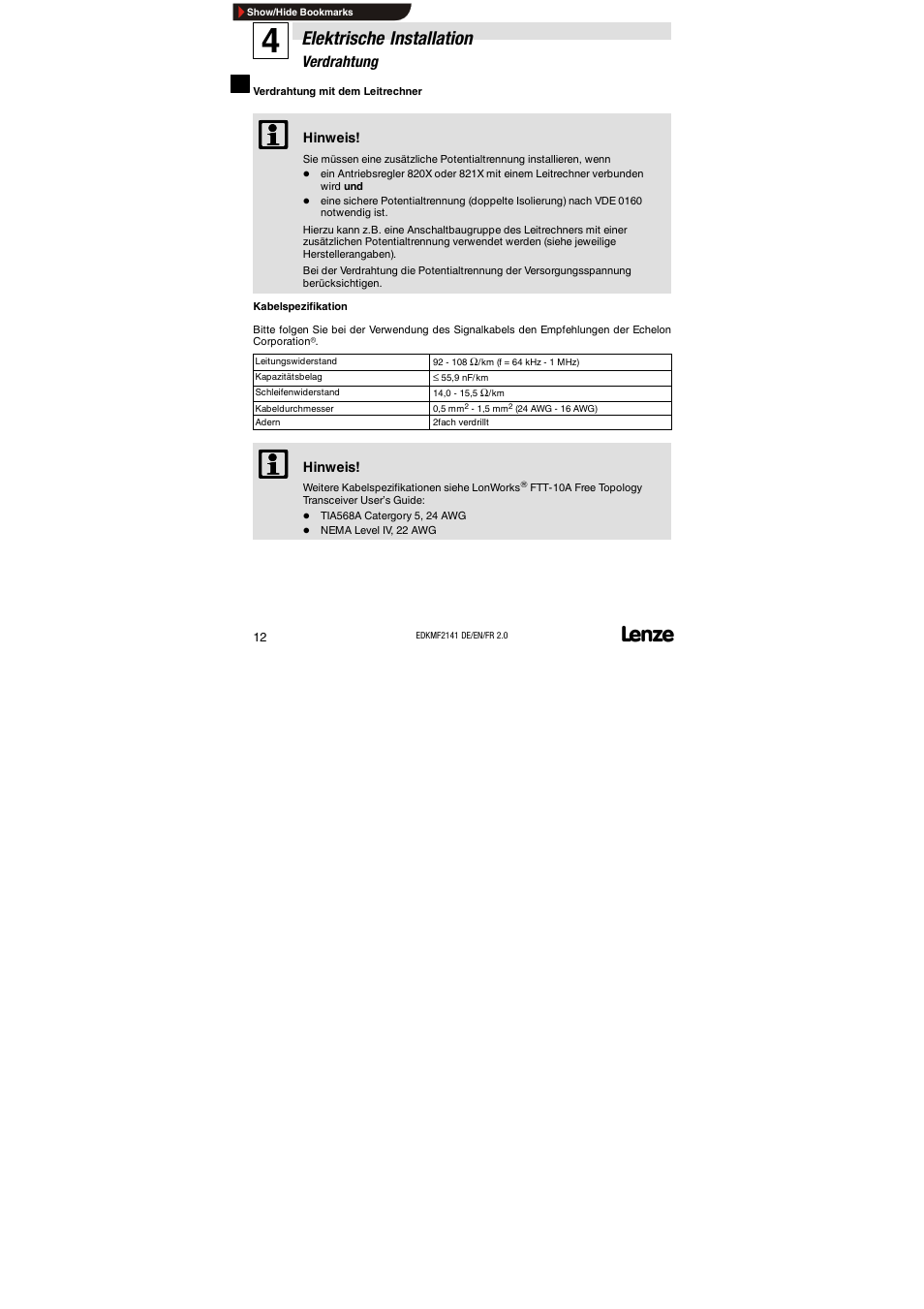Verdrahtung, Elektrische installation | Lenze EMF2141IB 2141 LON User Manual | Page 12 / 62