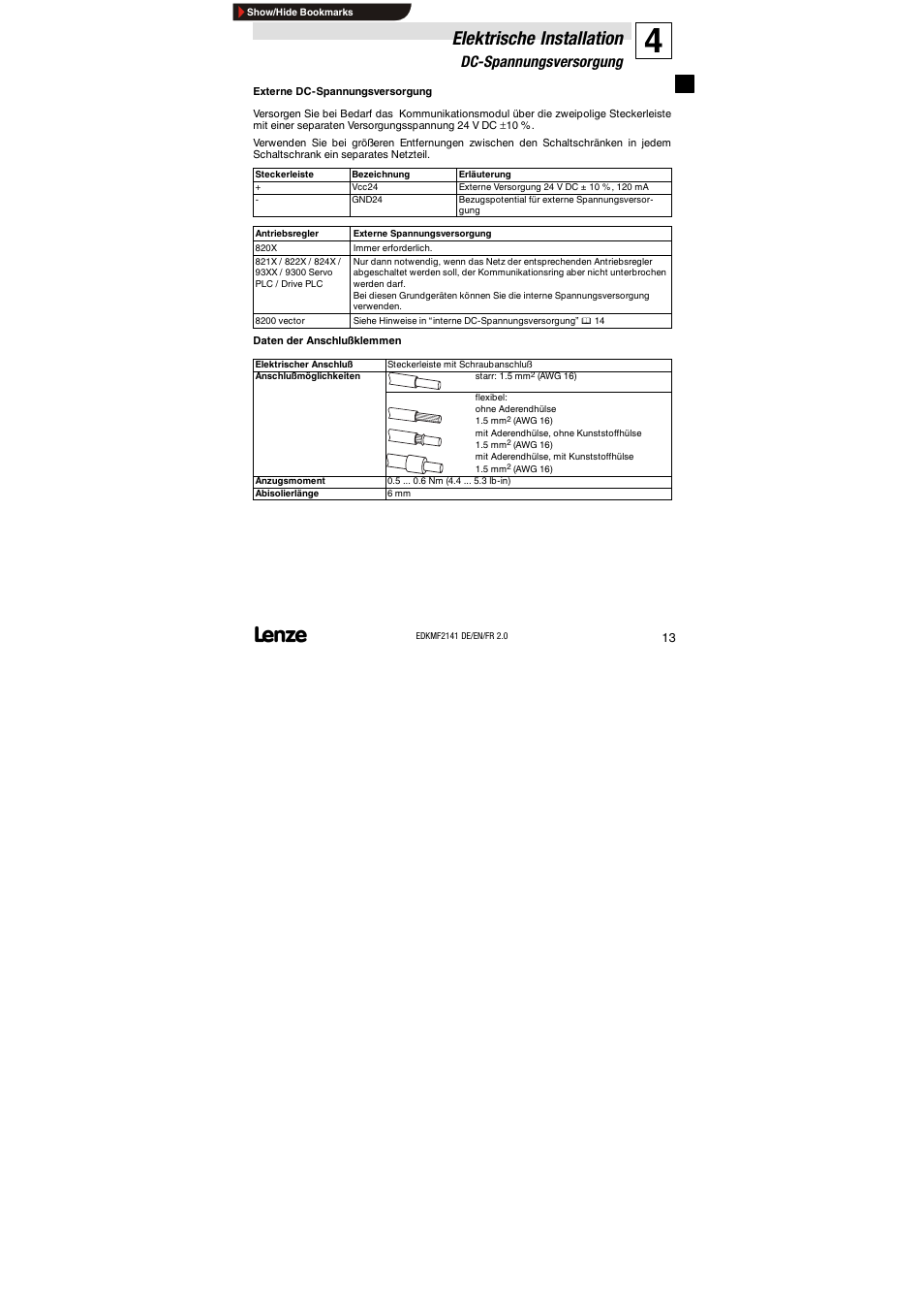 Dc-spannungsversorgung, Elektrische installation | Lenze EMF2141IB 2141 LON User Manual | Page 13 / 62