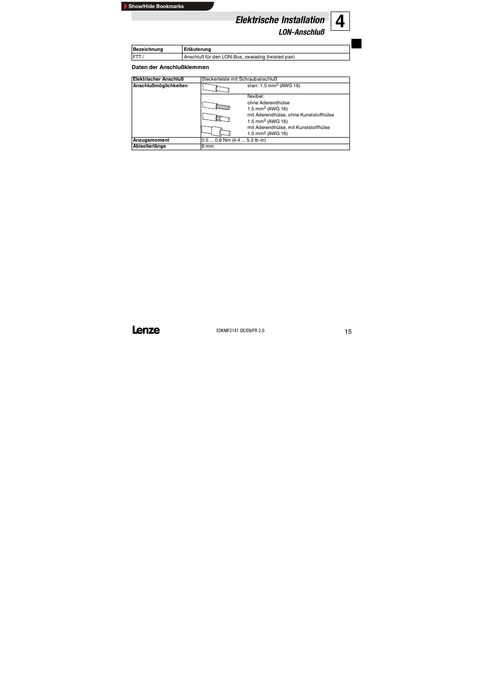 Lon-anschluß, Elektrische installation | Lenze EMF2141IB 2141 LON User Manual | Page 15 / 62