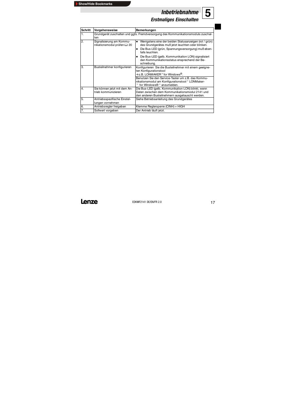 Erstmaliges einschalten, Inbetriebnahme | Lenze EMF2141IB 2141 LON User Manual | Page 17 / 62