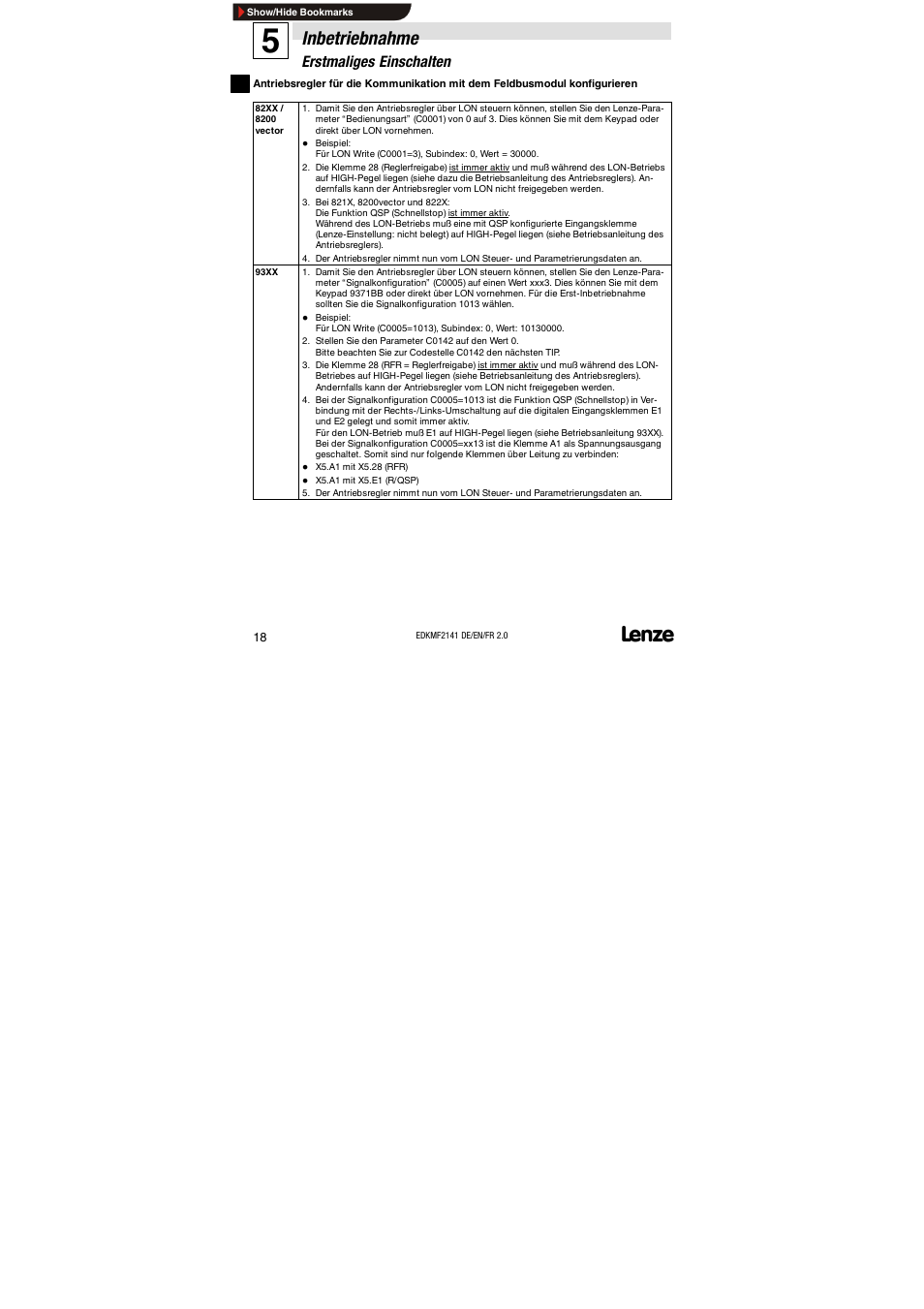 Inbetriebnahme, Erstmaliges einschalten | Lenze EMF2141IB 2141 LON User Manual | Page 18 / 62