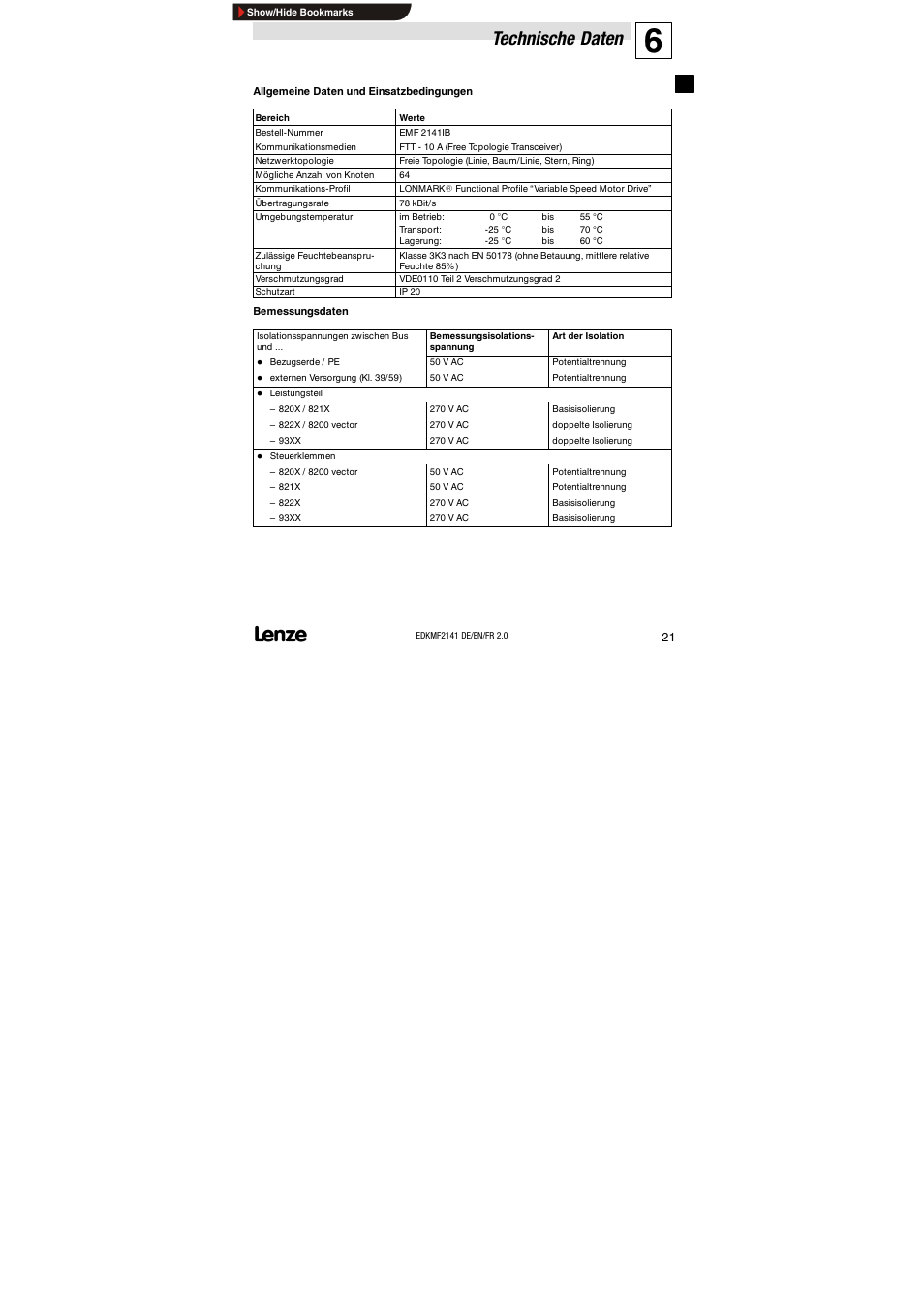 Technische daten | Lenze EMF2141IB 2141 LON User Manual | Page 21 / 62