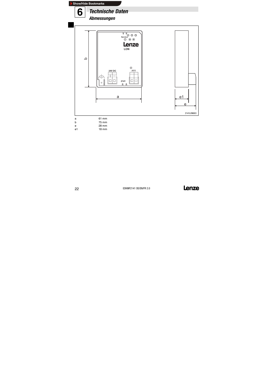 Abmessungen, Technische daten | Lenze EMF2141IB 2141 LON User Manual | Page 22 / 62