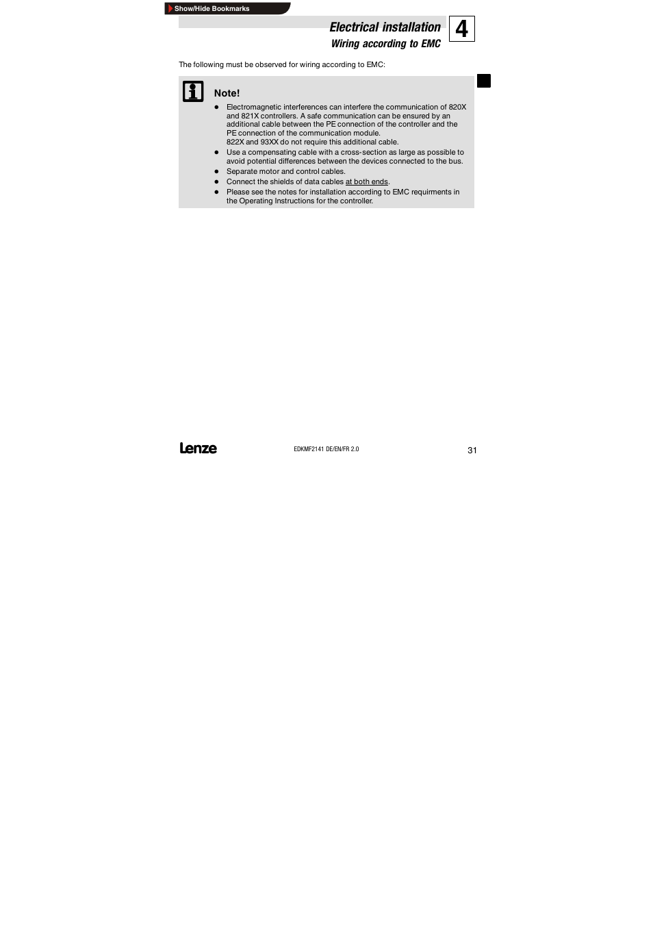 Electrical installation, Wiring according to emc | Lenze EMF2141IB 2141 LON User Manual | Page 31 / 62