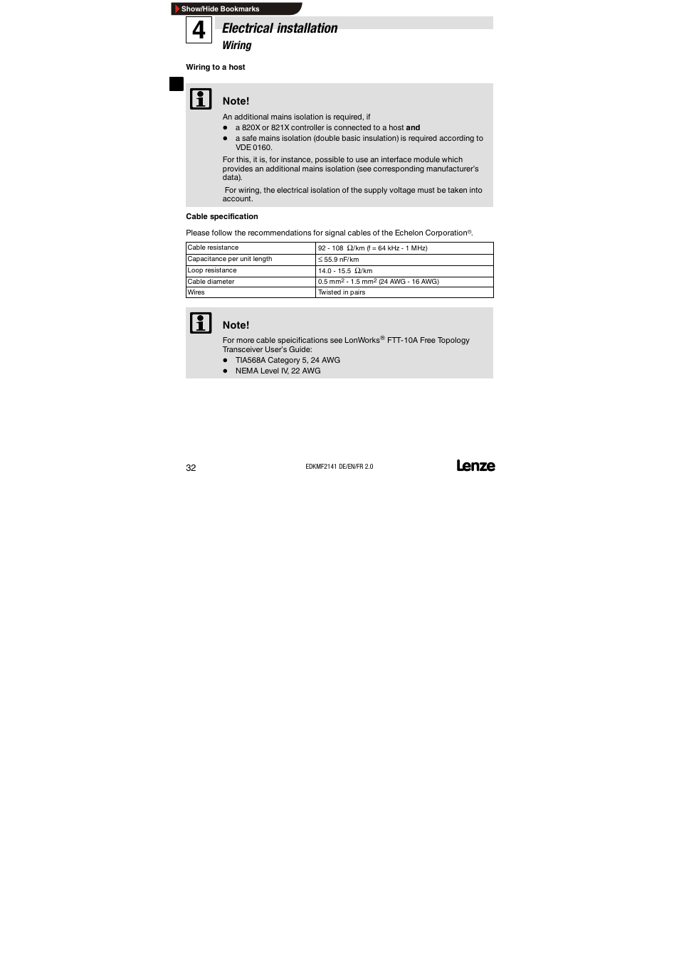 Wiring, Electrical installation | Lenze EMF2141IB 2141 LON User Manual | Page 32 / 62
