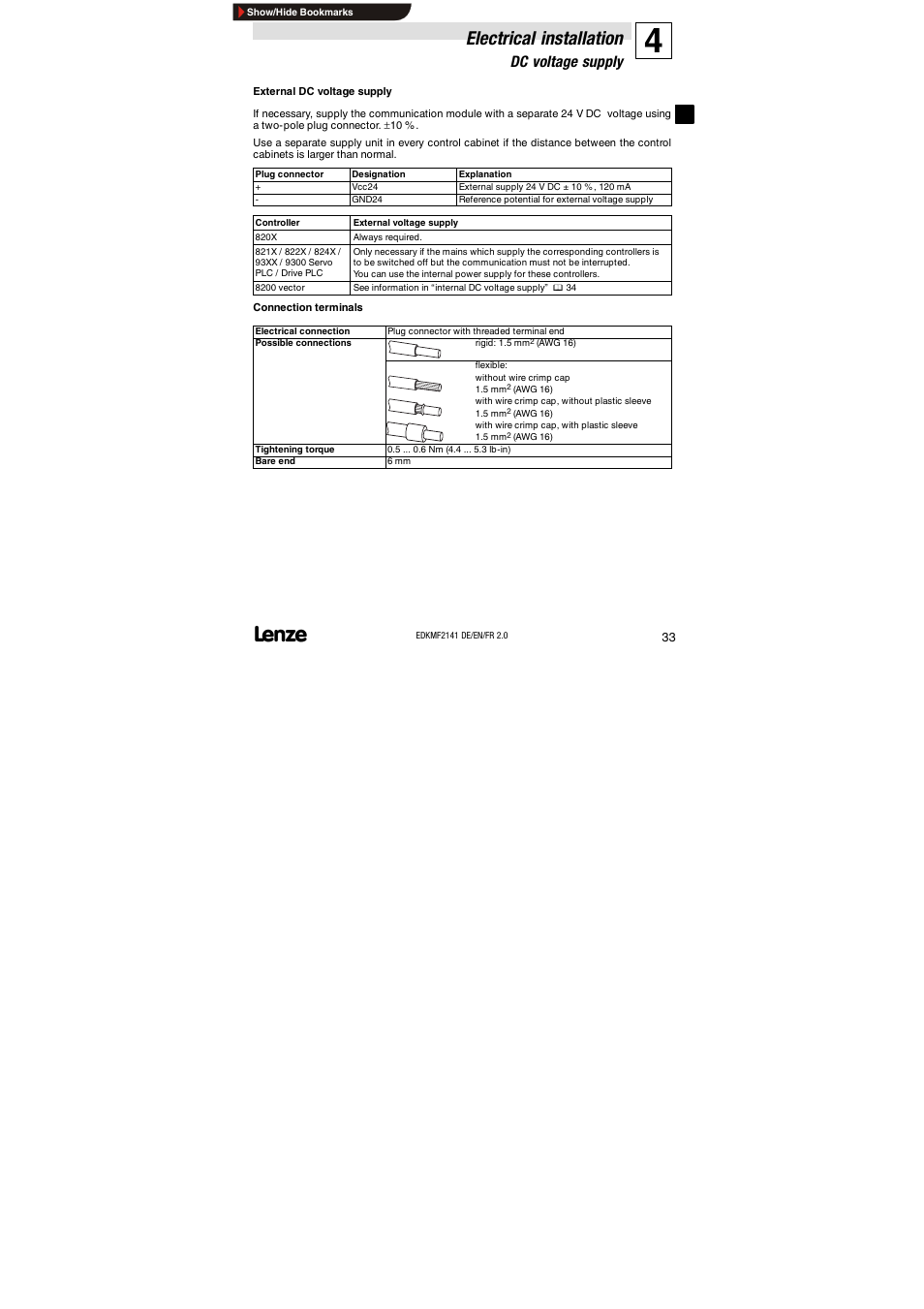 Dc voltage supply, Electrical installation | Lenze EMF2141IB 2141 LON User Manual | Page 33 / 62