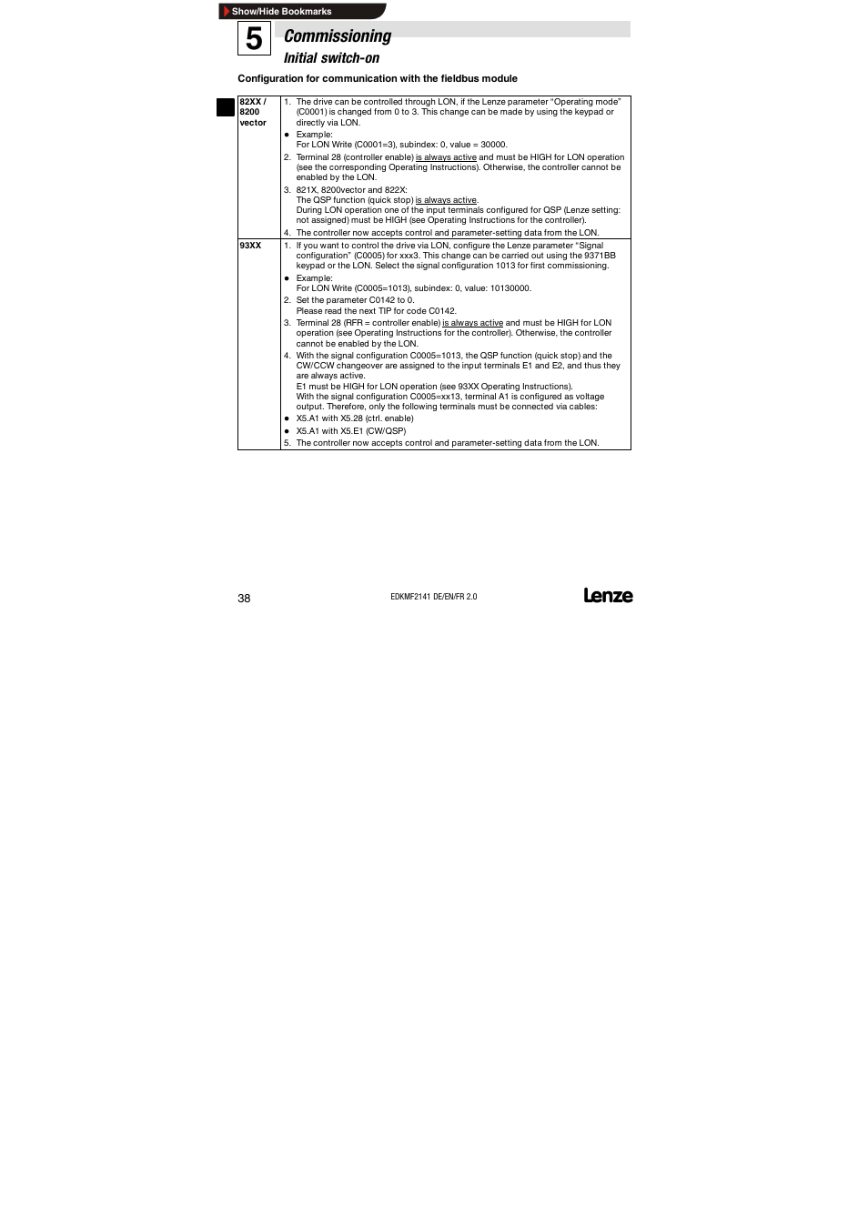 Commissioning, Initial switch-on | Lenze EMF2141IB 2141 LON User Manual | Page 38 / 62