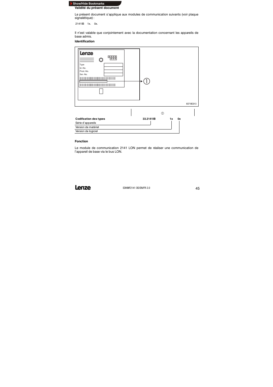 Validité du présent document | Lenze EMF2141IB 2141 LON User Manual | Page 45 / 62