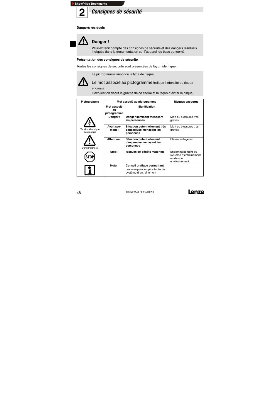 Consignes de sécurité | Lenze EMF2141IB 2141 LON User Manual | Page 48 / 62