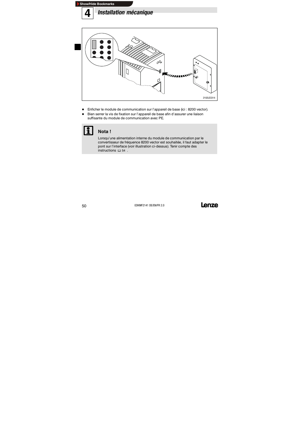 Installation mécanique | Lenze EMF2141IB 2141 LON User Manual | Page 50 / 62