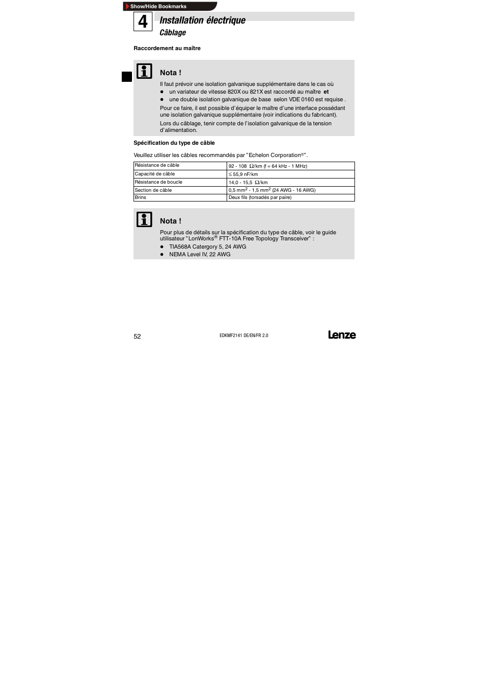 Câblage, Installation électrique | Lenze EMF2141IB 2141 LON User Manual | Page 52 / 62