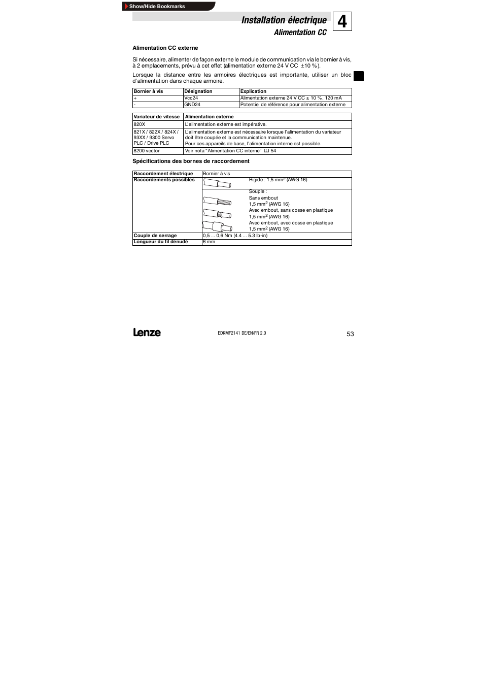Alimentation cc, Installation électrique | Lenze EMF2141IB 2141 LON User Manual | Page 53 / 62