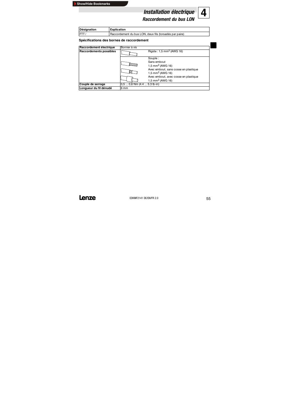 Raccordement du bus lon, Installation électrique | Lenze EMF2141IB 2141 LON User Manual | Page 55 / 62