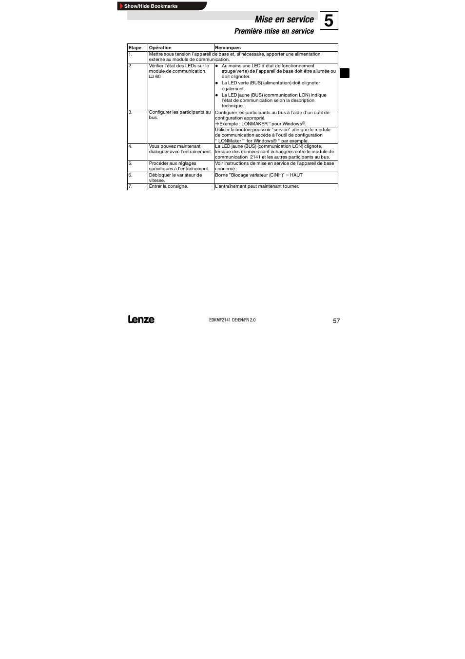 Première mise en service, Mise en service | Lenze EMF2141IB 2141 LON User Manual | Page 57 / 62