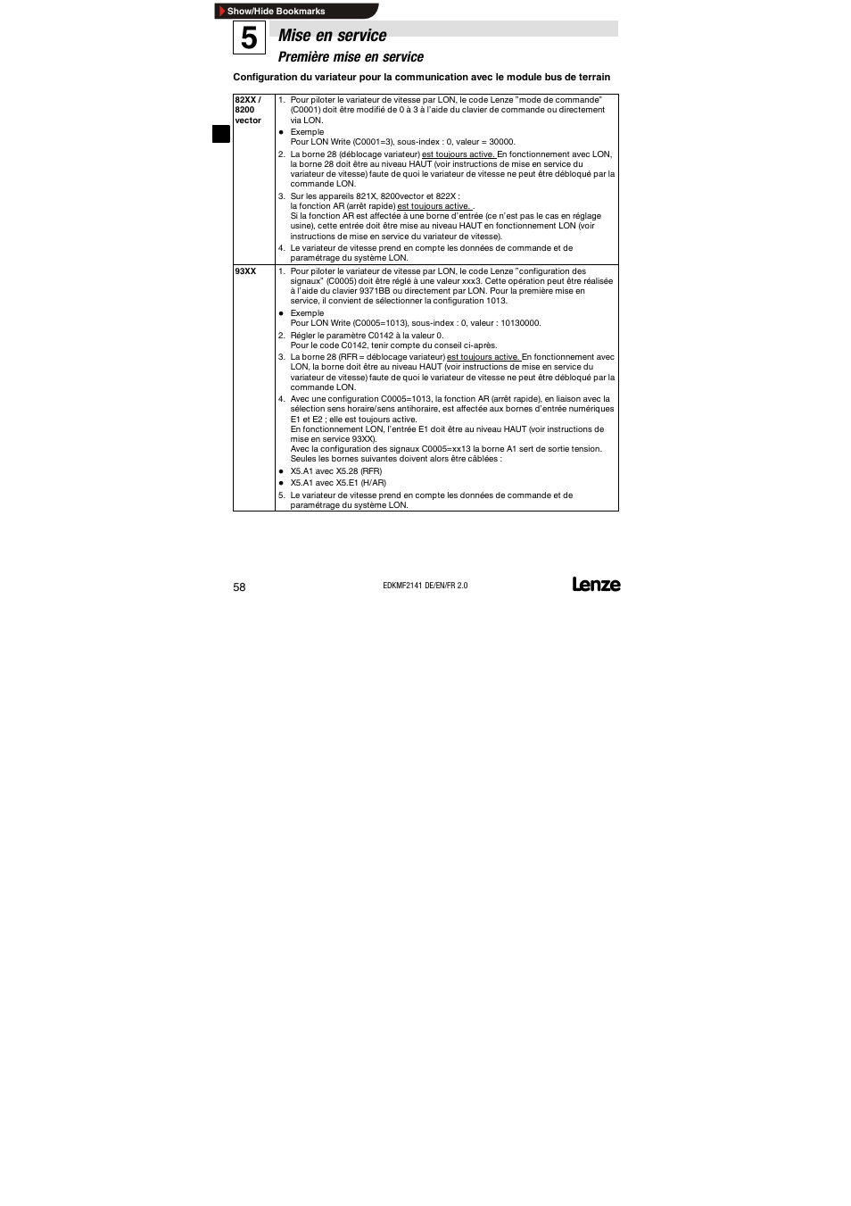 Mise en service, Première mise en service | Lenze EMF2141IB 2141 LON User Manual | Page 58 / 62
