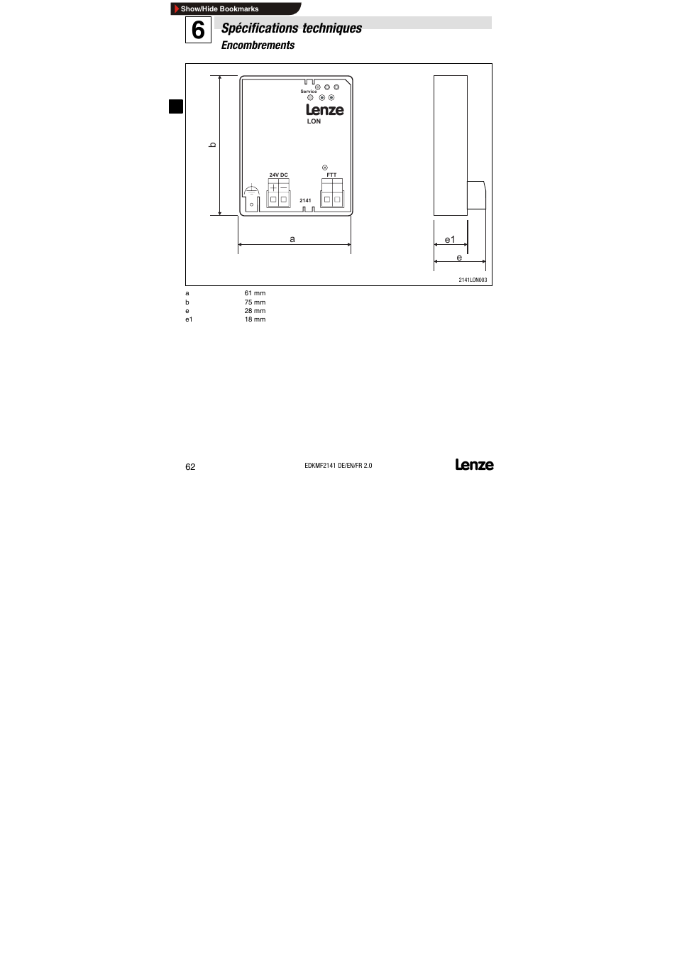 Encombrements, Spécifications techniques | Lenze EMF2141IB 2141 LON User Manual | Page 62 / 62