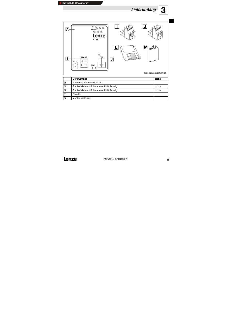 Lieferumfang | Lenze EMF2141IB 2141 LON User Manual | Page 9 / 62