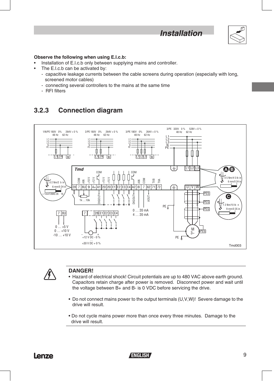 Installation, 3 connection diagram, 9english | Danger | Lenze ETMD Tmd frequency inverter User Manual | Page 10 / 114