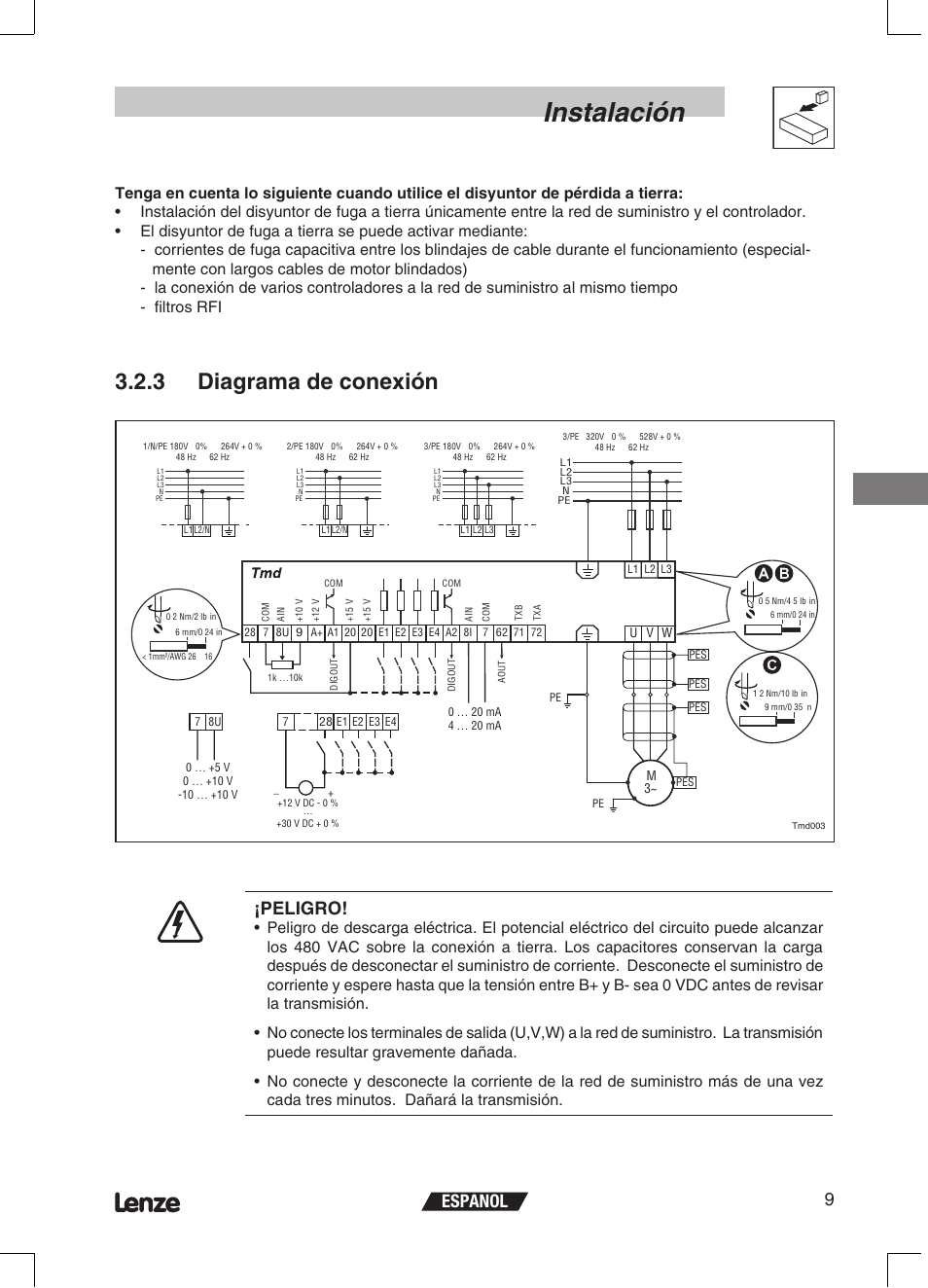 Instalación, 3 diagrama de conexión, Espanol 9 | Peligro | Lenze ETMD Tmd frequency inverter User Manual | Page 100 / 114
