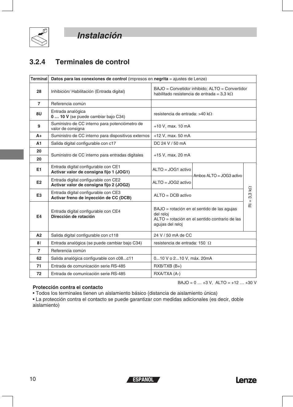 Instalación, 4 terminales de control, Espanol 10 | Lenze ETMD Tmd frequency inverter User Manual | Page 101 / 114