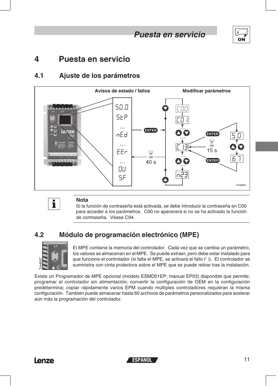 Puesta en servicio, 4puesta en servicio, 2 módulo de programación electrónico (mpe) | 1 ajuste de los parámetros | Lenze ETMD Tmd frequency inverter User Manual | Page 102 / 114