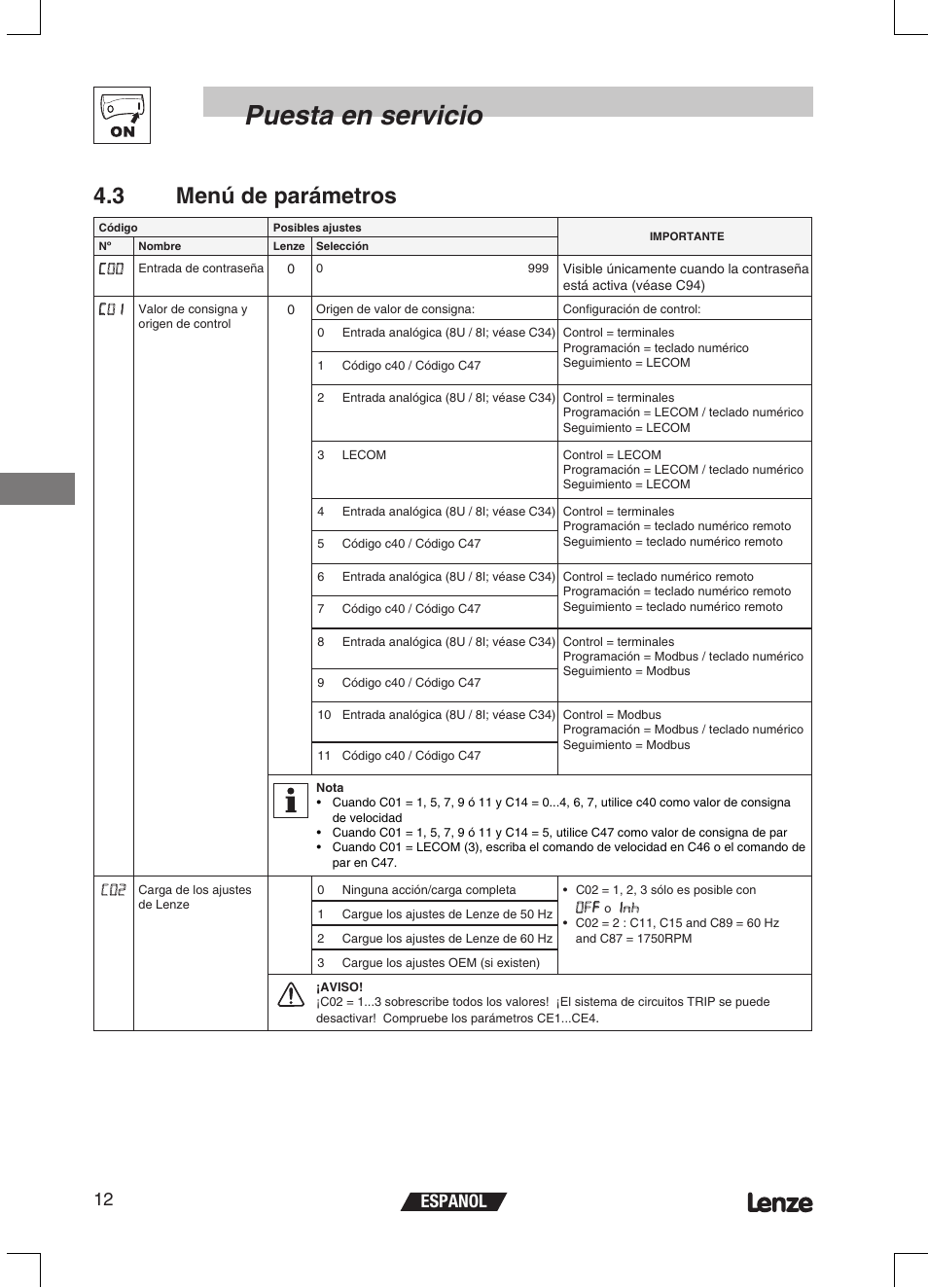 Puesta en servicio, 3 menú de parámetros, Espanol 12 | Lenze ETMD Tmd frequency inverter User Manual | Page 103 / 114