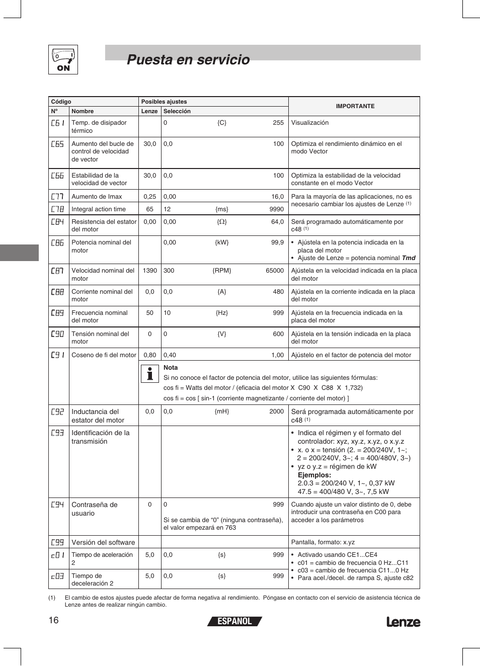 Puesta en servicio, Espanol 16 | Lenze ETMD Tmd frequency inverter User Manual | Page 107 / 114