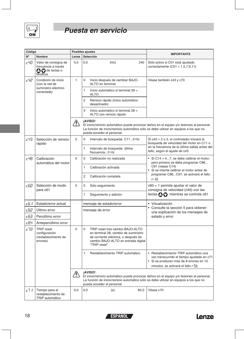 Puesta en servicio, Espanol 18 | Lenze ETMD Tmd frequency inverter User Manual | Page 109 / 114