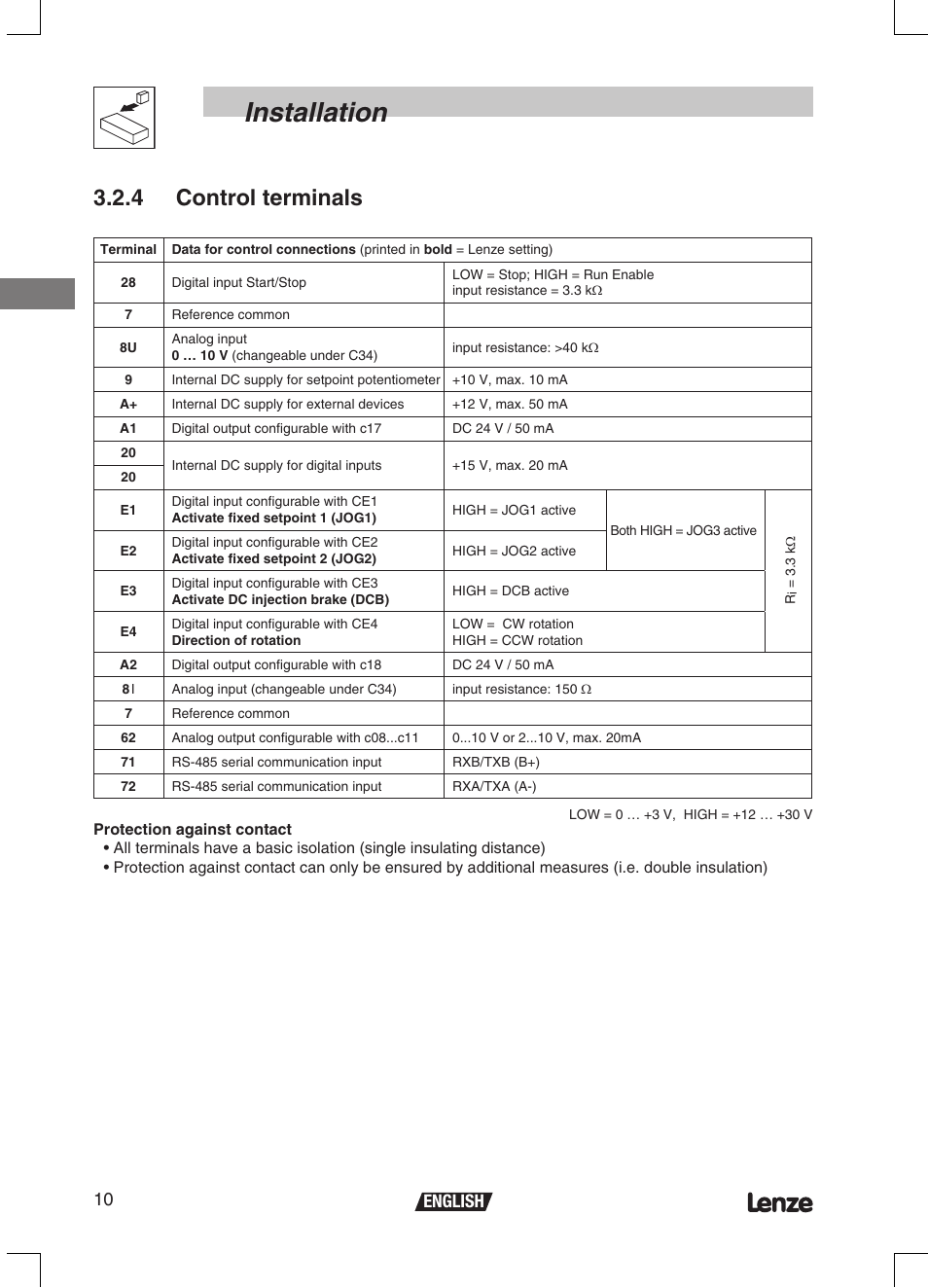 Installation, 4 control terminals, 10 english | Lenze ETMD Tmd frequency inverter User Manual | Page 11 / 114