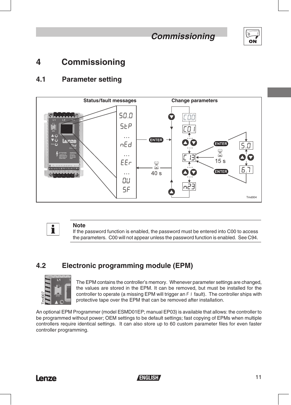 Commissioning, 4commissioning, 2 electronic programming module (epm) | 1 parameter setting | Lenze ETMD Tmd frequency inverter User Manual | Page 12 / 114