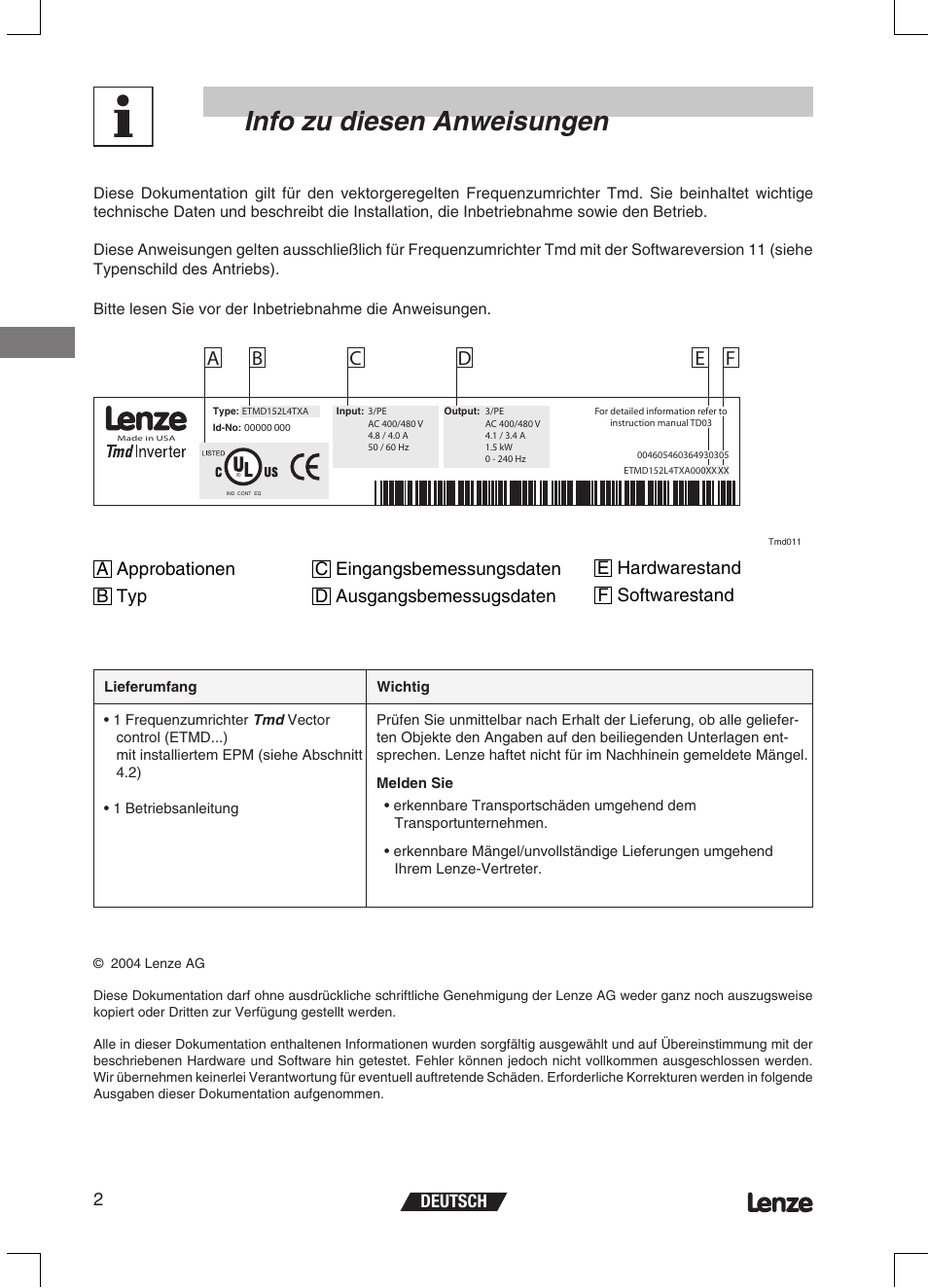Info zu diesen anweisungen, Deutsch 2 | Lenze ETMD Tmd frequency inverter User Manual | Page 25 / 114