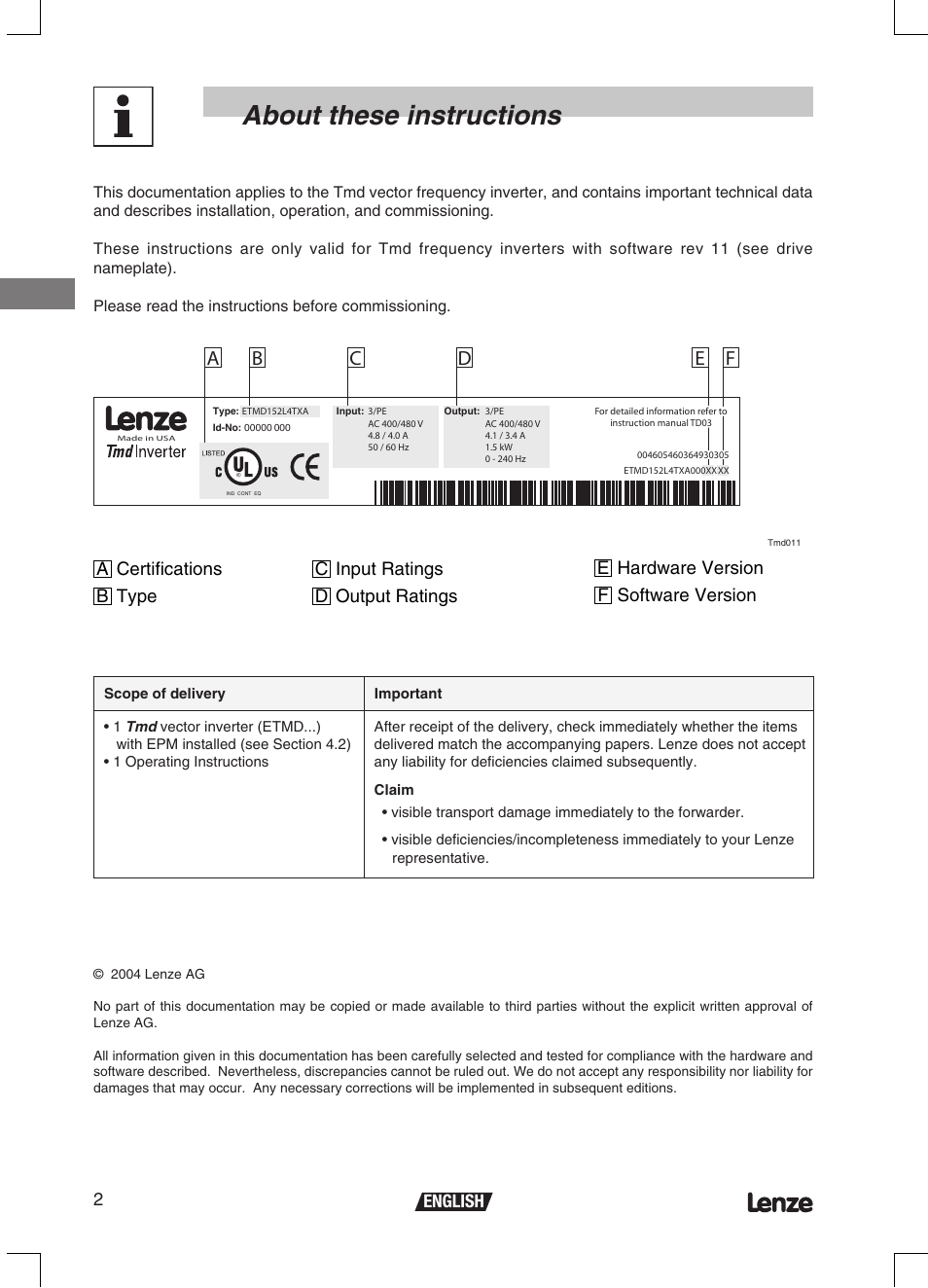 About these instructions, 2english | Lenze ETMD Tmd frequency inverter User Manual | Page 3 / 114