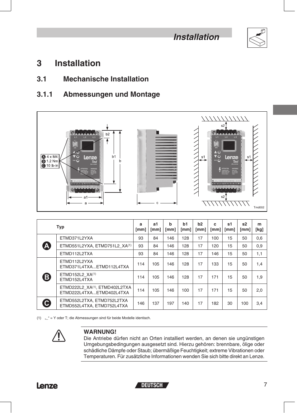 Installation, 3installation, Deutsch 7 | Warnung | Lenze ETMD Tmd frequency inverter User Manual | Page 30 / 114