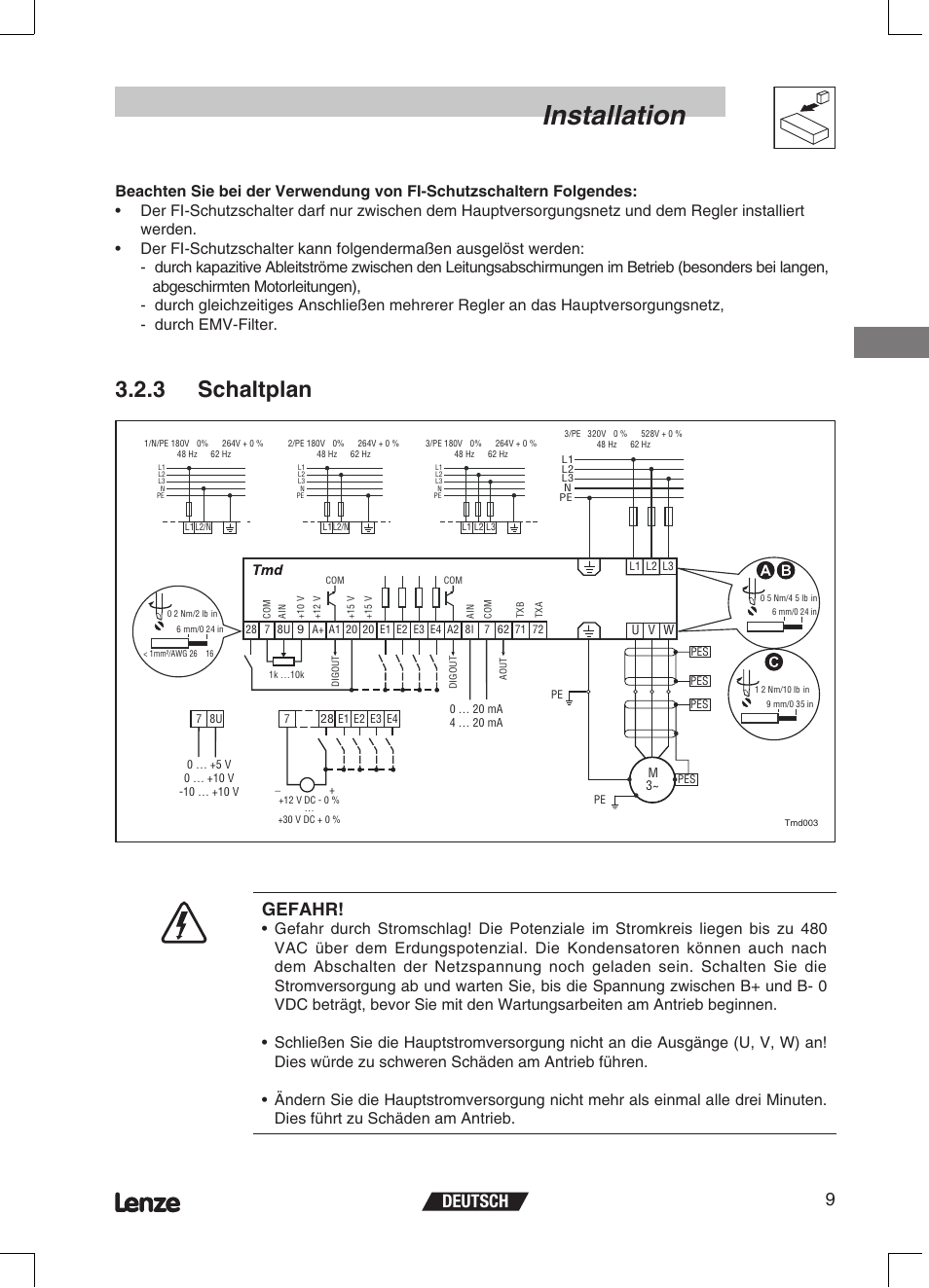 Installation, 3 schaltplan, Deutsch 9 | Gefahr | Lenze ETMD Tmd frequency inverter User Manual | Page 32 / 114