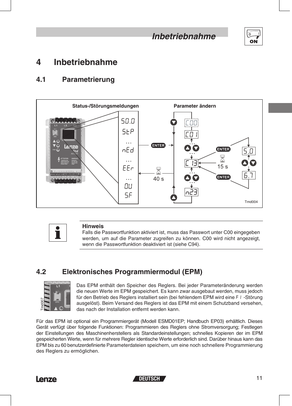 Inbetriebnahme, 4inbetriebnahme | Lenze ETMD Tmd frequency inverter User Manual | Page 34 / 114