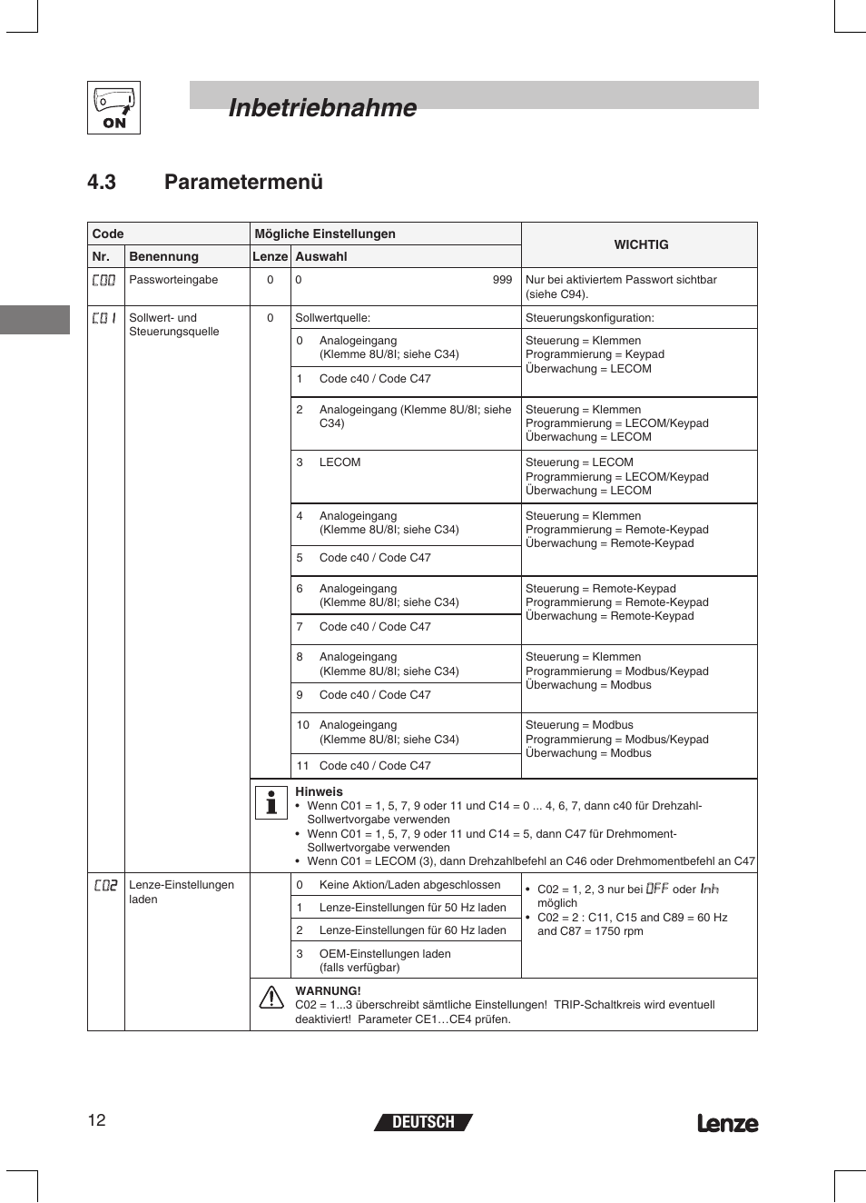 Inbetriebnahme, 3 parametermenü, Deutsch 12 | Lenze ETMD Tmd frequency inverter User Manual | Page 35 / 114