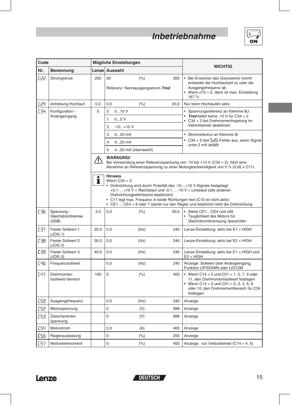 Inbetriebnahme, Deutsch 15 | Lenze ETMD Tmd frequency inverter User Manual | Page 38 / 114