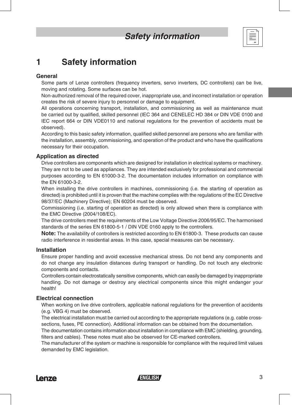 Safety information 1 safety information | Lenze ETMD Tmd frequency inverter User Manual | Page 4 / 114