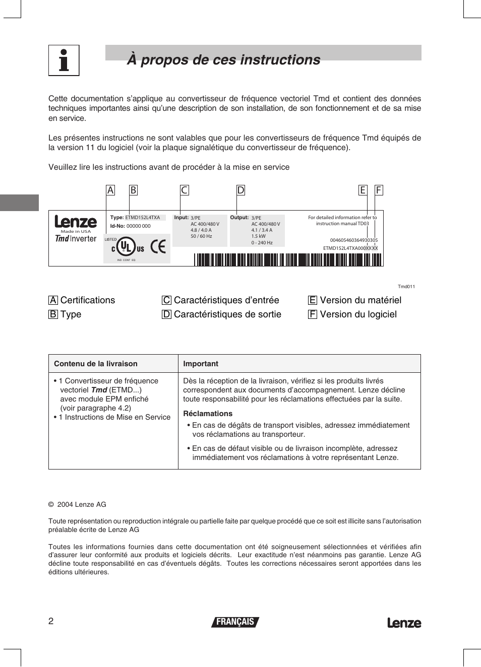À propos de ces instructions, Français 2 | Lenze ETMD Tmd frequency inverter User Manual | Page 47 / 114