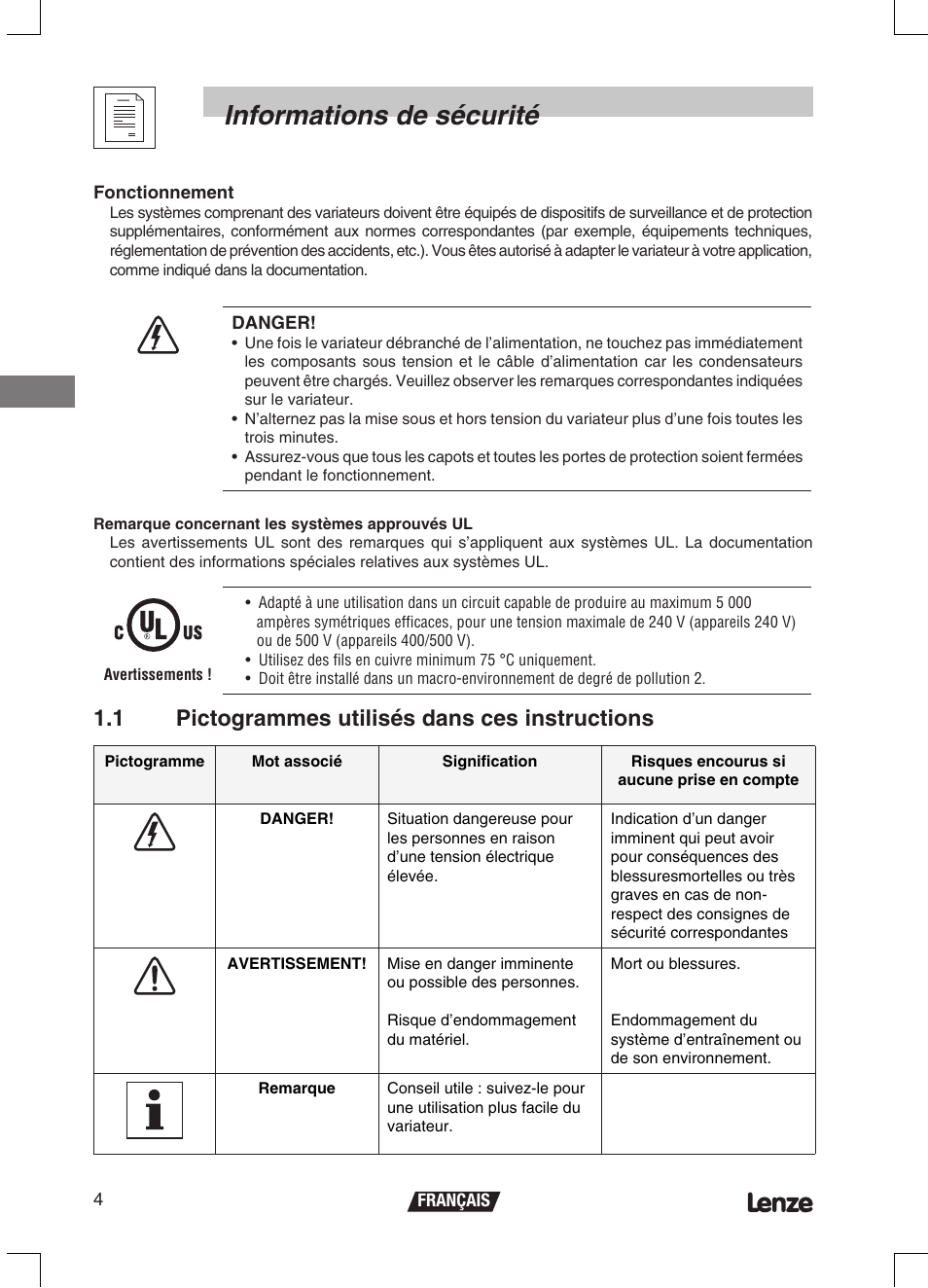 Informations de sécurité, 1 pictogrammes utilisés dans ces instructions | Lenze ETMD Tmd frequency inverter User Manual | Page 49 / 114