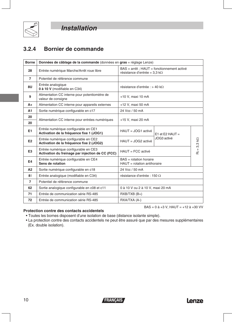 Installation, 4 bornier de commande, Français 10 | Lenze ETMD Tmd frequency inverter User Manual | Page 55 / 114