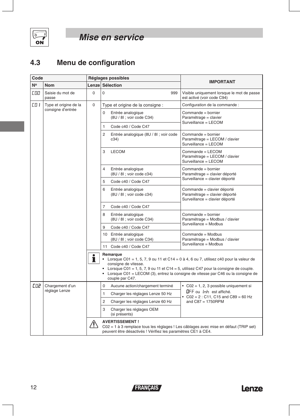 Mise en service, 3 menu de configuration, Français 12 | Lenze ETMD Tmd frequency inverter User Manual | Page 57 / 114