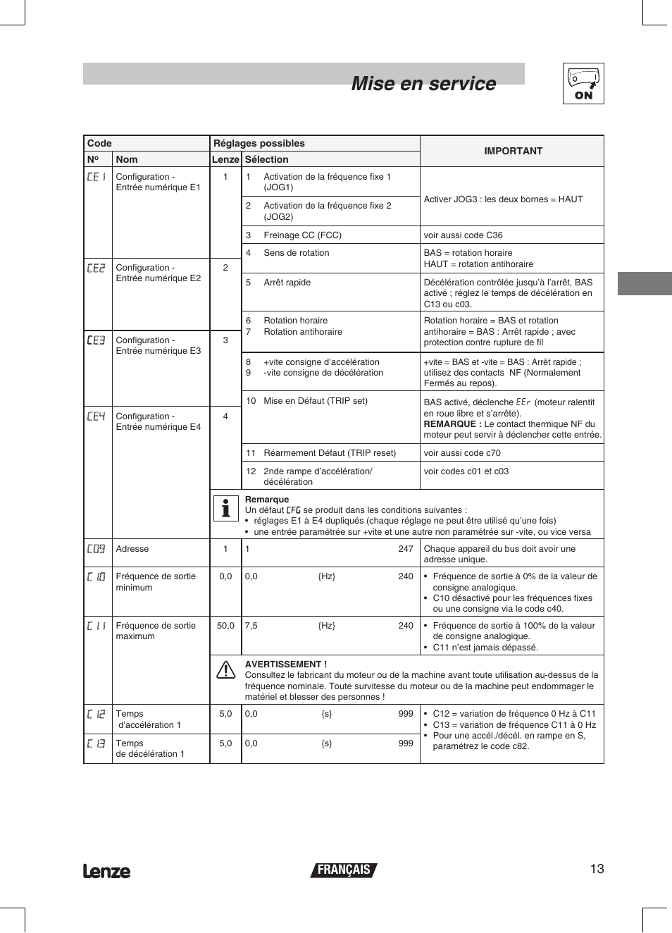 Mise en service, Français 13 | Lenze ETMD Tmd frequency inverter User Manual | Page 58 / 114